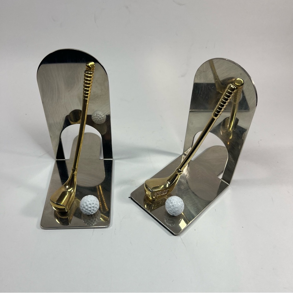 Golf Theme Bookends Metal Gold Tone Golf Club & Ball Shiny Golfer Man Cave